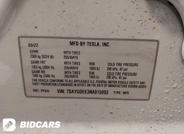 7SAYGDEE3NA015093 2022 Tesla Model Y photo no. 9