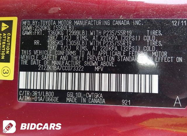 2T2ZK1BA7CC073322 2012 Lexus RX photo no. 9
