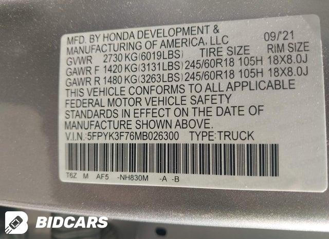 5FPYK3F76MB026300 2021 Honda Ridgeline photo no. 9