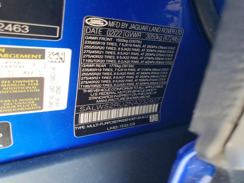 SALWS2RU2NA232907 2022 Land Rover Range Rover photo no. 12