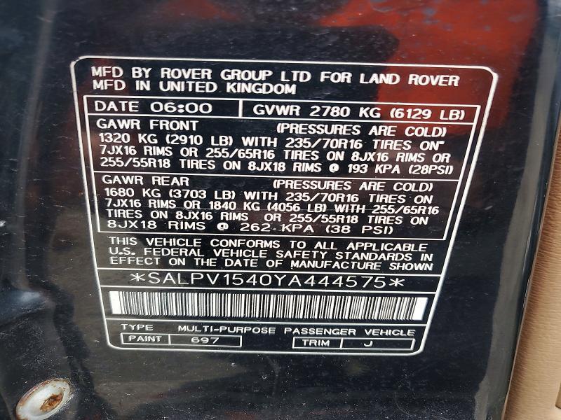 SALPV1540YA444575 2000 Land Rover Range Rover photo no. 12