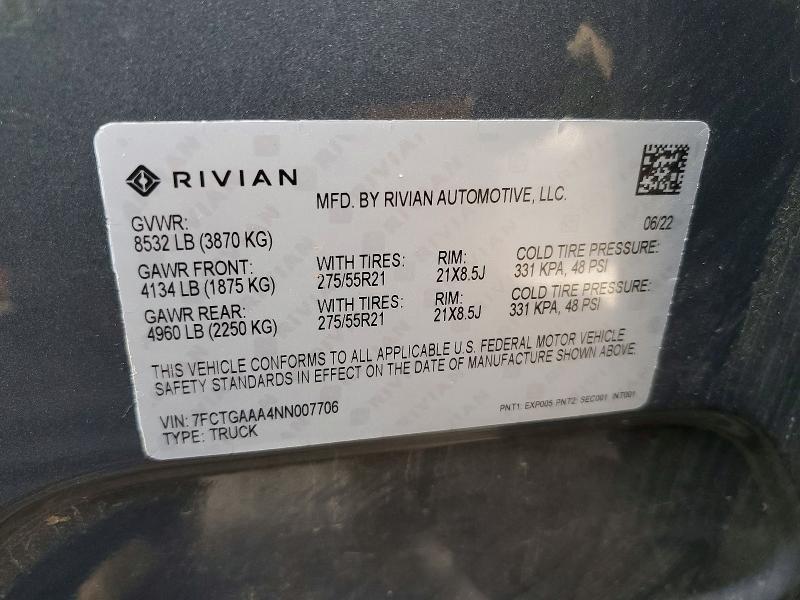 7FCTGAAA4NN007706 2022 Rivian R1T photo no. 12