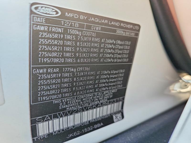 2019 Land Rover Range Rover — VIN SALWV2SV6KA842315, şəkil 12