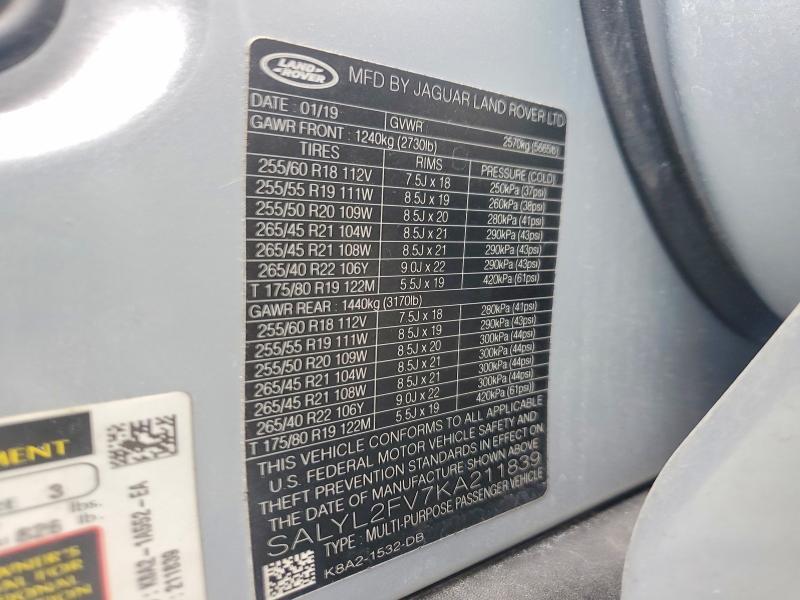SALYL2FV7KA211839 2019 Land Rover Range Rover photo no. 12