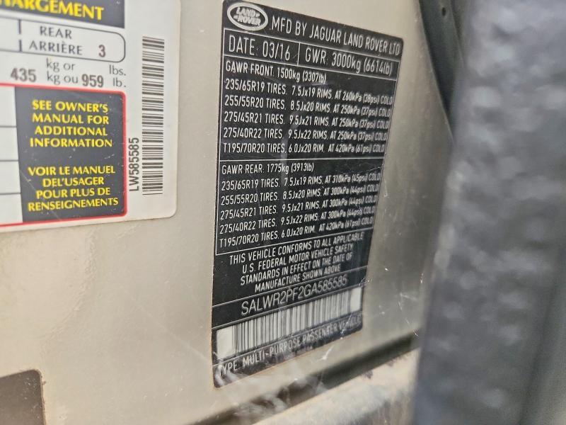 SALWR2PF2GA585585 2016 Land Rover Range Rover photo no. 13