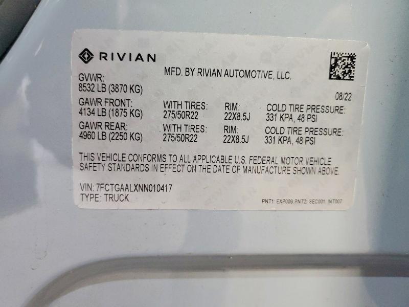7FCTGAALXNN010417 2022 Rivian R1T photo no. 12