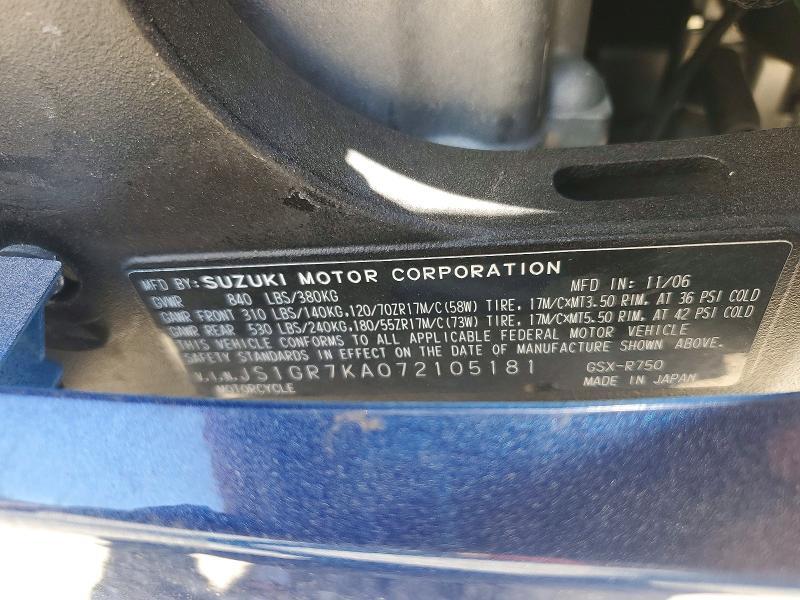 JS1GR7KA072105181 2007 Suzuki GSX-R750 photo no. 9
