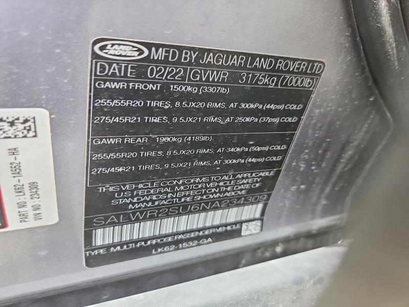 SALWR2SU6NA234309 2022 Land Rover Range Rover photo no. 13
