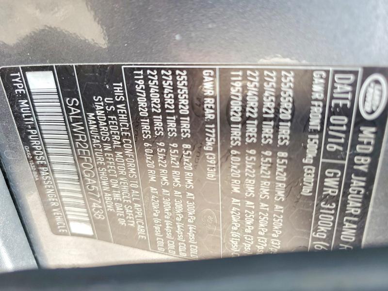 SALWR2EF0GA577438 2016 Land Rover Range Rover photo no. 12