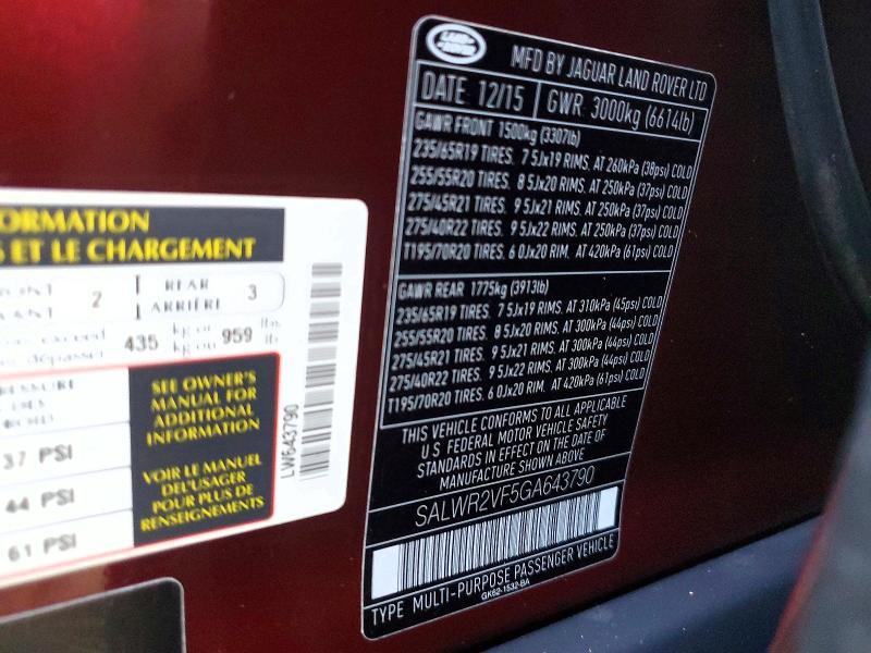 SALWR2VF5GA643790 2016 Land Rover Range Rover photo no. 12