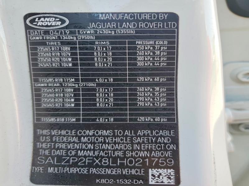 2020 Land Rover Range Rover — VIN SALZP2FX8LH021759, şəkil 13
