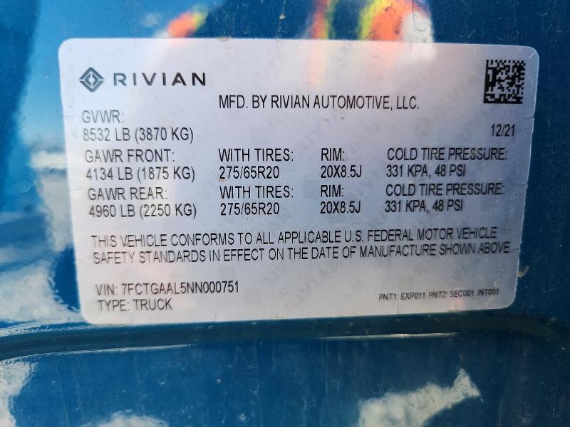 7FCTGAAL5NN000751 2022 Rivian R1T photo no. 13