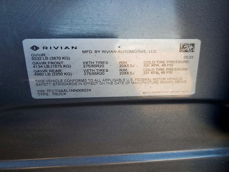 7FCTGAAL1NN006224 2022 Rivian R1T photo no. 12