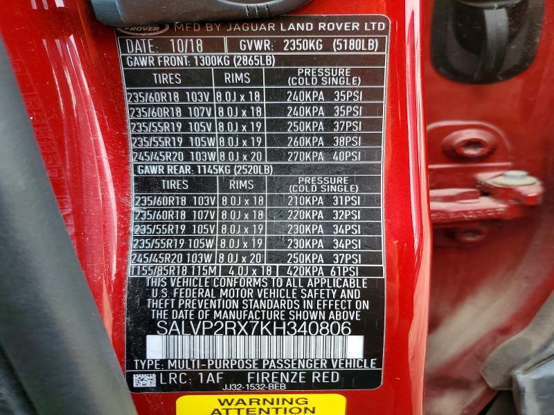 SALVP2RX7KH340806 2019 Land Rover Range Rover photo no. 13