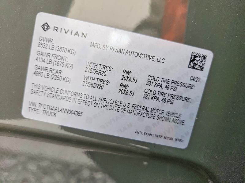 7FCTGAAL4NN004385 2022 Rivian R1T photo no. 12