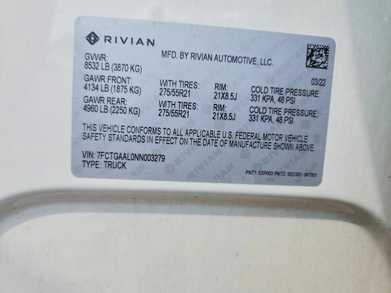 7FCTGAAL0NN003279 2022 Rivian R1T photo no. 12