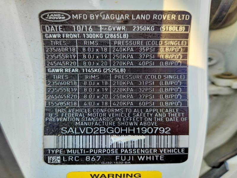 2017 Land Rover Range Rover — VIN SALVD2BG0HH190792, şəkil 14
