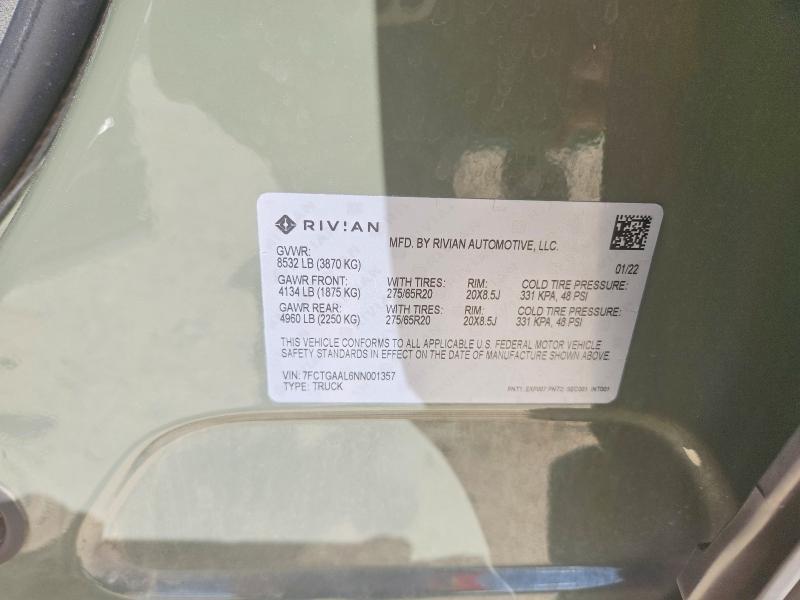 2022 Rivian R1T — VIN 7FCTGAAL6NN001357, şəkil 12