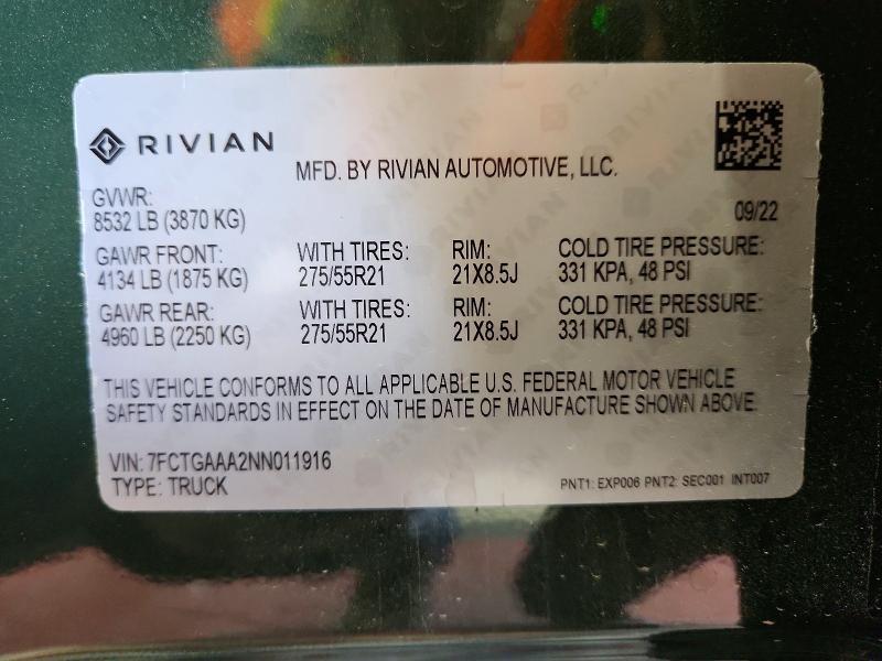 7FCTGAAA2NN011916 2022 Rivian R1T photo no. 12