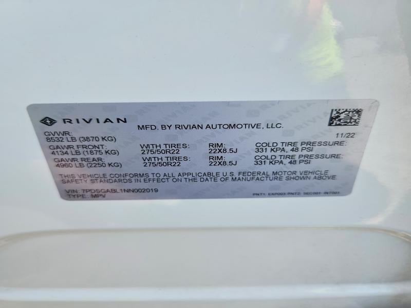 7PDSGABL1NN002019 2022 Rivian R1S photo no. 14