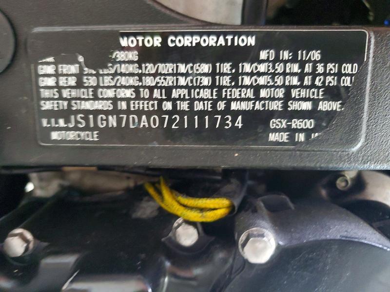 JS1GN7DA072111734 2007 Suzuki GSX-R600 photo no. 9