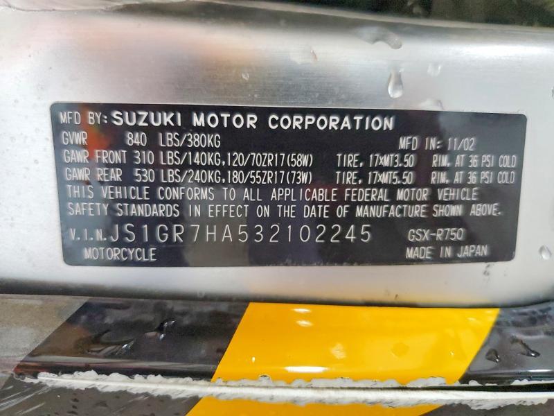 JS1GR7HA532102245 2003 Suzuki GSX-R750 photo no. 10