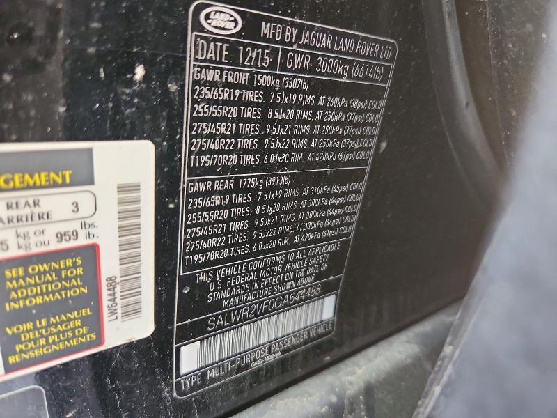 2016 Land Rover Range Rover — VIN SALWR2VF0GA644488, şəkil 13