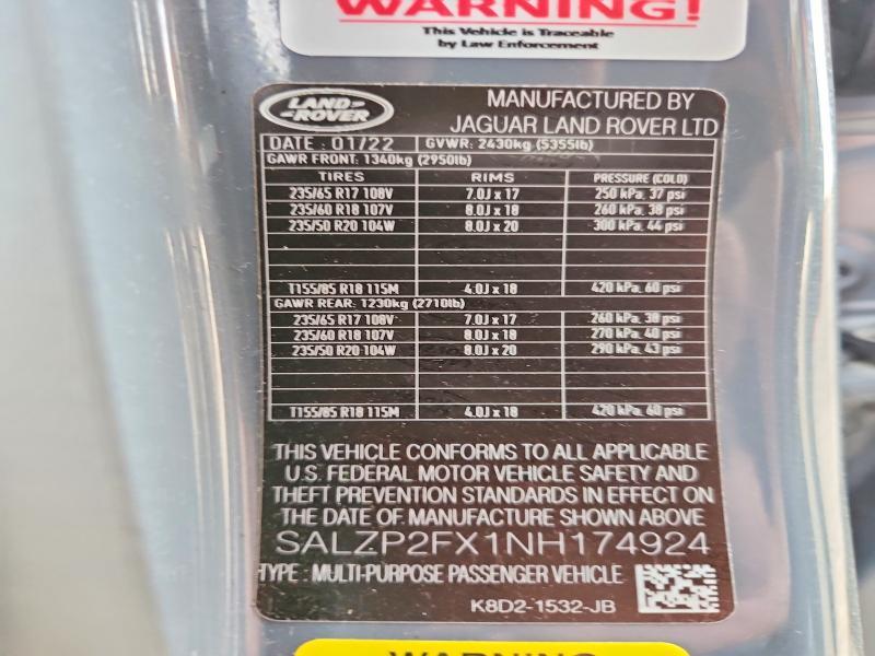 2022 Land Rover Range Rover — VIN SALZP2FX1NH174924, şəkil 12