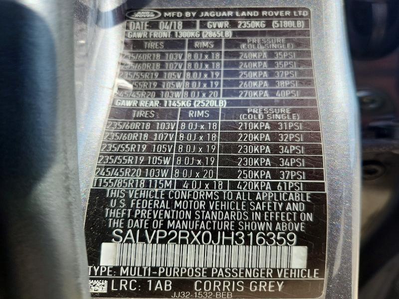 SALVP2RX0JH316359 2018 Land Rover Range Rover photo no. 12