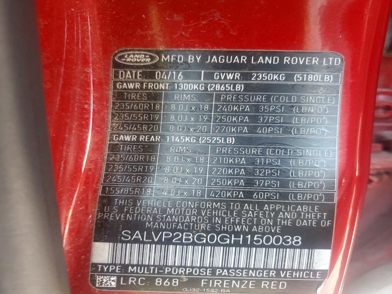 2016 Land Rover Range Rover — VIN SALVP2BG0GH150038, şəkil 13