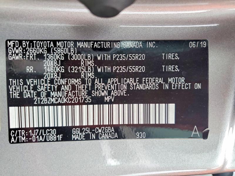 2019 Lexus RX — VIN 2T2BZMCA0KC201735, şəkil 13