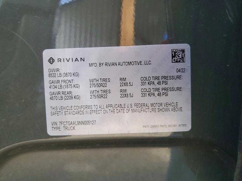 2022 Rivian R1T — VIN 7FCTGAAL9NN005127, şəkil 12
