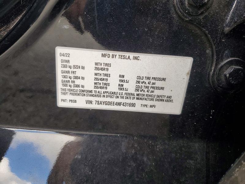 7SAYGDEE4NF431690 2022 Tesla MODEL Y photo no. 12