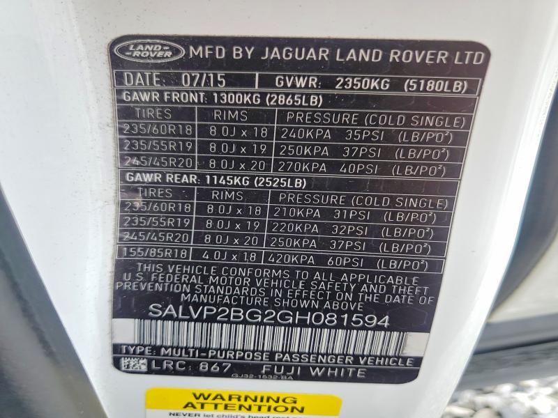 SALVP2BG2GH081594 2016 Land Rover Range Rover photo no. 13