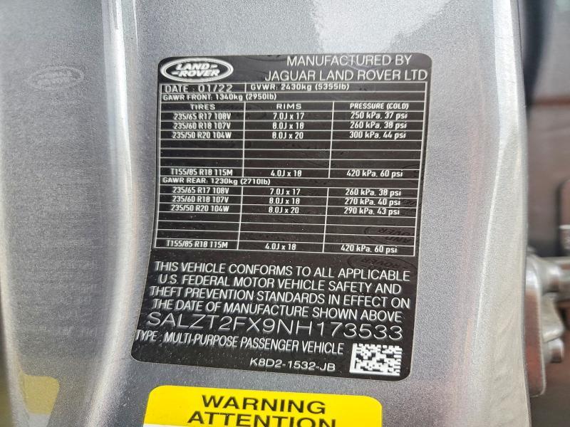 2022 Land Rover Range Rover — VIN SALZT2FX9NH173533, şəkil 12