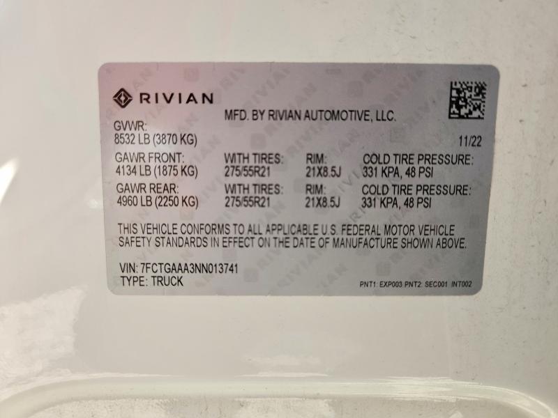 2022 Rivian R1T — VIN 7FCTGAAA3NN013741, şəkil 13