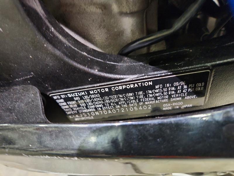 JS1GN7DA072105402 2007 Suzuki GSX-R600 photo no. 9