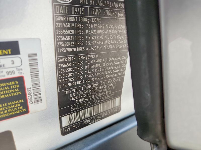 2016 Land Rover Range Rover — VIN SALWR2VF5GA634622, şəkil 12