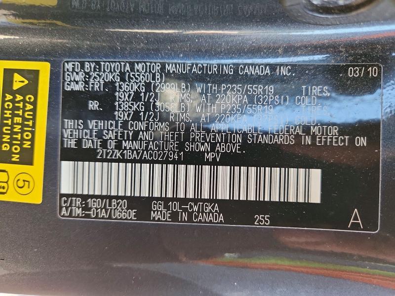 2T2ZK1BA7AC027941 2010 Lexus RX photo no. 13
