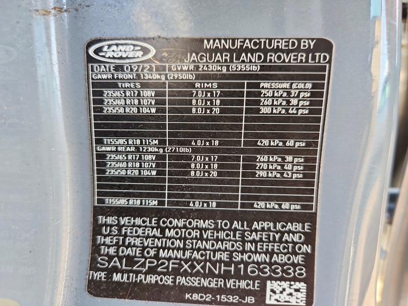 2022 Land Rover Range Rover — VIN SALZP2FXXNH163338, şəkil 14