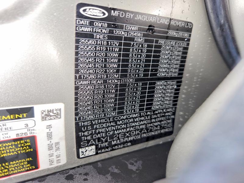 SALYL2EX9KA794756 2019 Land Rover Range Rover photo no. 12