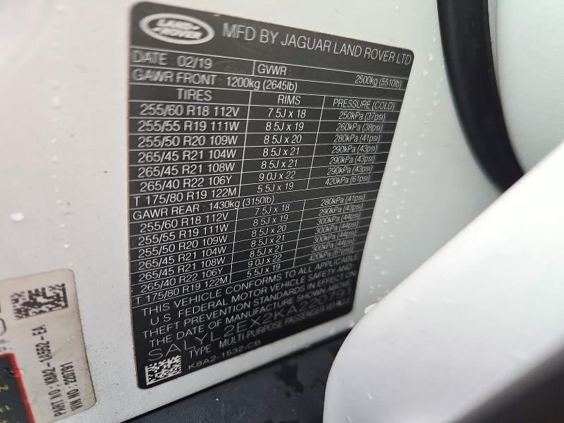 2019 Land Rover Range Rover — VIN SALYL2EX2KA220791, şəkil 13