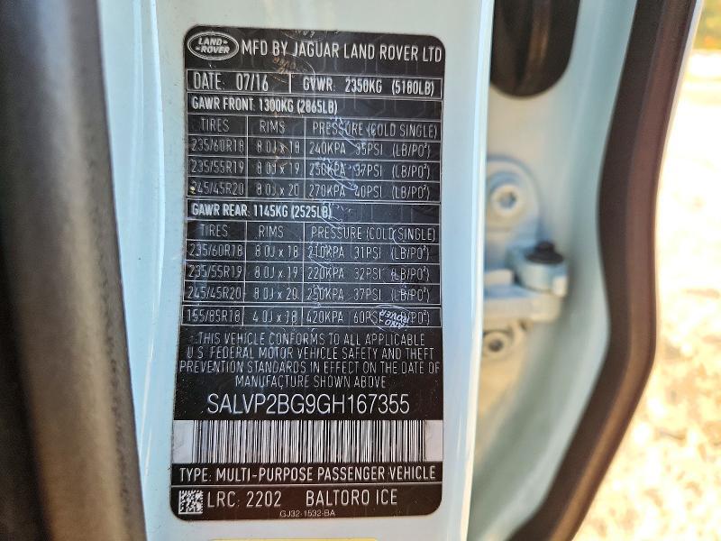 2016 Land Rover Range Rover — VIN SALVP2BG9GH167355, şəkil 13