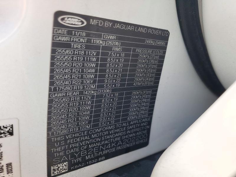 2019 Land Rover Range Rover — VIN SALYB2EN4KA202200, şəkil 13