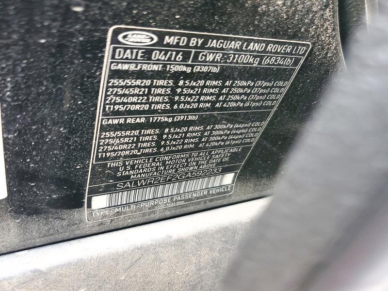 2016 Land Rover Range Rover — VIN SALWR2EF2GA592233, şəkil 12