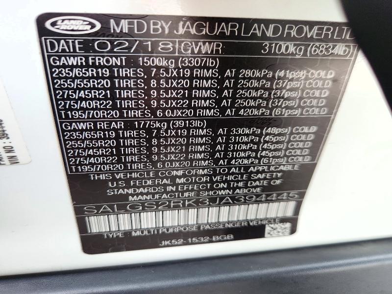 2018 Land Rover Range Rover — VIN SALGS2RK3JA394445, şəkil 13