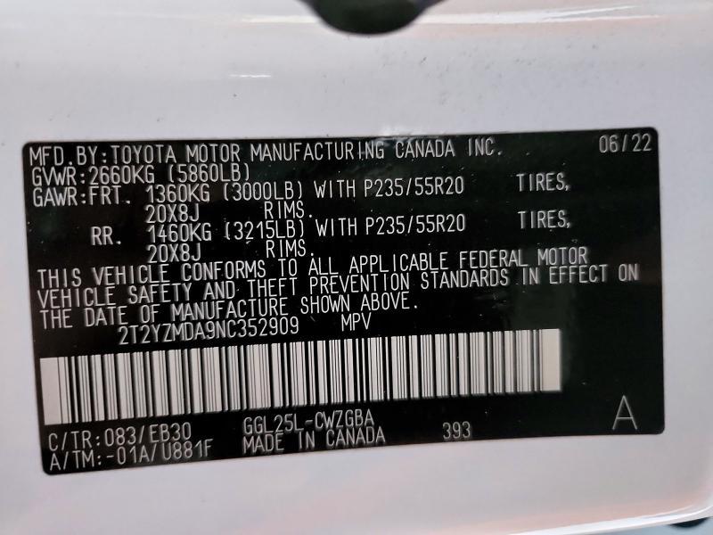 2022 Lexus RX — VIN 2T2YZMDA9NC352909, şəkil 14