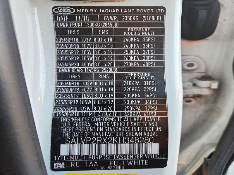 2019 Land Rover Range Rover — VIN SALVP2RX2KH348280, şəkil 12