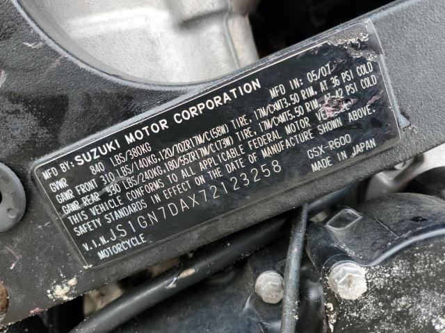 JS1GN7DAX72123258 2007 Suzuki GSX-R600 photo no. 9